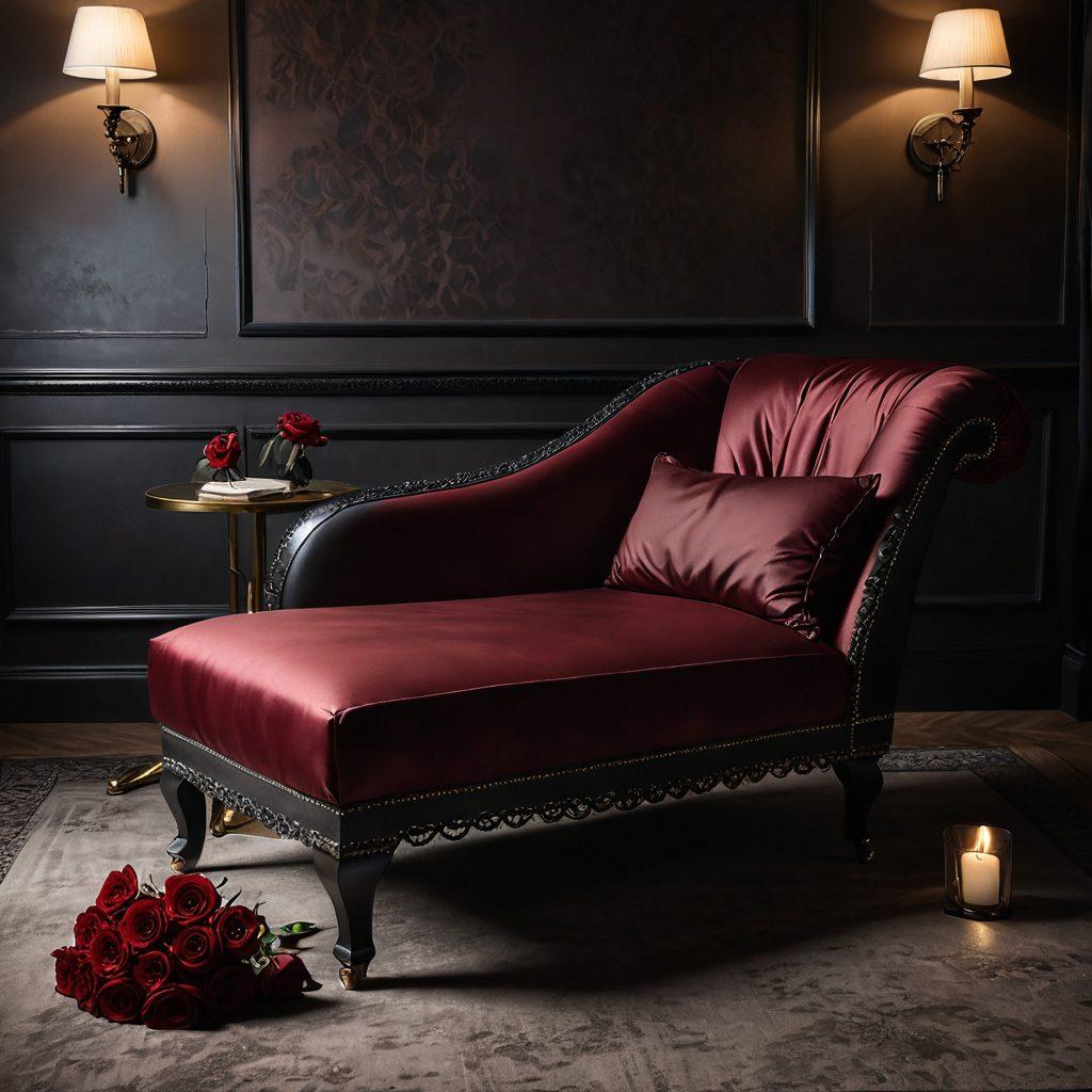 A beautifully arranged scene depicting a silk-covered chaise lounge in soft, muted tones, with delicate leather cuffs and a subtle whip elegantly draped across it. The background features dim, atmospheric lighting with hints of rich burgundy and black to create an intimate ambiance. A hint of luxurious lace and a single red rose on a table amplify the theme of elegance within BDSM dynamics. super-realistic. soft lighting. rich colors.